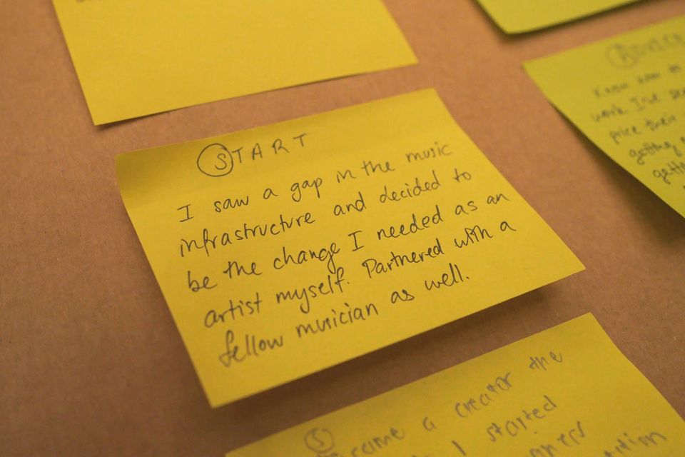 Handwritten sticky note: I saw a gap in the music infrastructure and decided to be the change I needed as an artist myself. Partnered with a fellow musician as well.