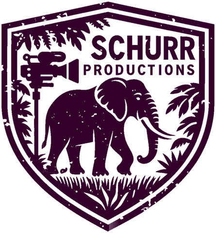 Schurr Productions shield: an elephant and a film camera