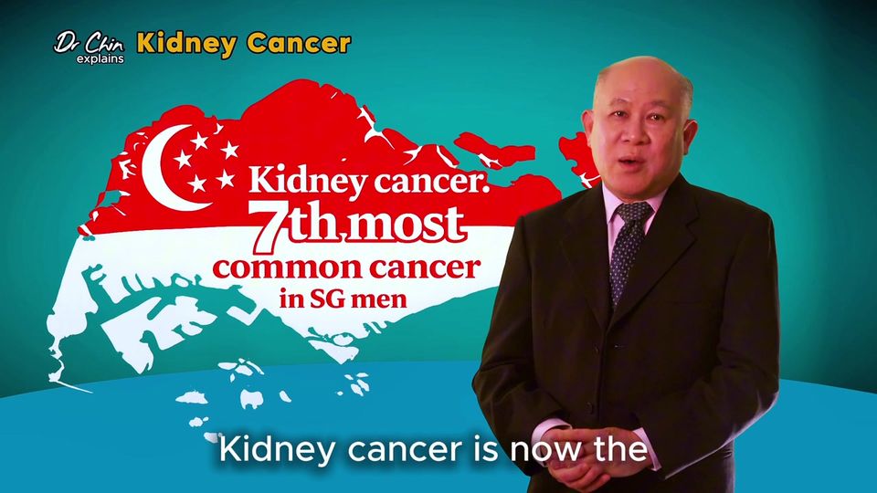 Dr Chin explains kidney cancer beside an on-screen graphic
