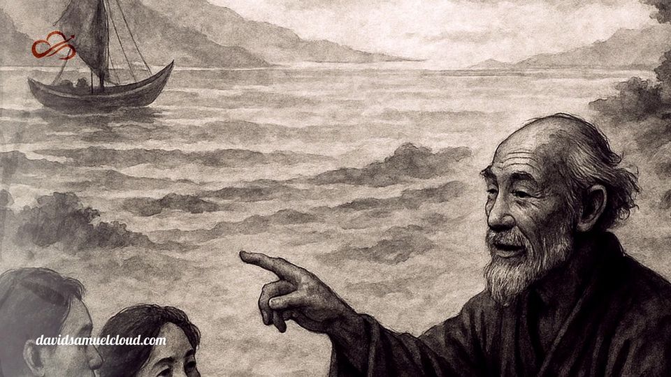 An ink drawing of an old man pointing out to sea, where a boat sails