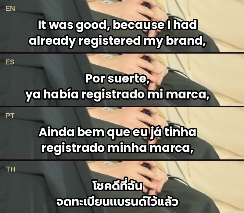 The same moment from a talk show clip, subtitled in English, Spanish, Portuguese and Thai